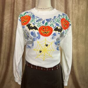 Vintage Halloween Sweatshirt Hand Painted Pumpkin Bats Spider Ghost Sweater